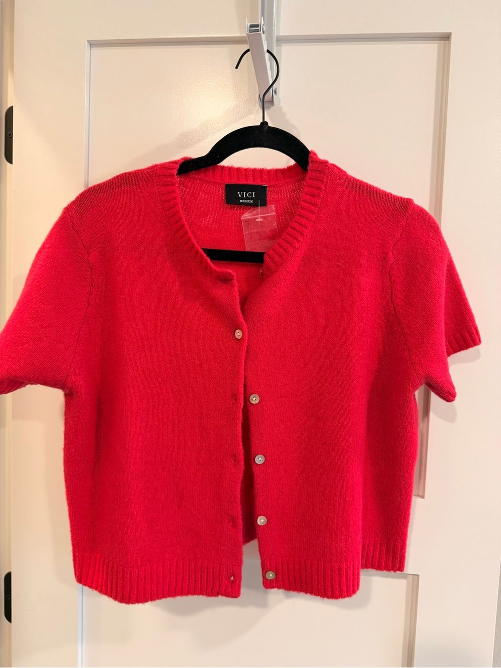 VICI Vibrant hot pink/berry red short Sleeve Button-Up Cardigan